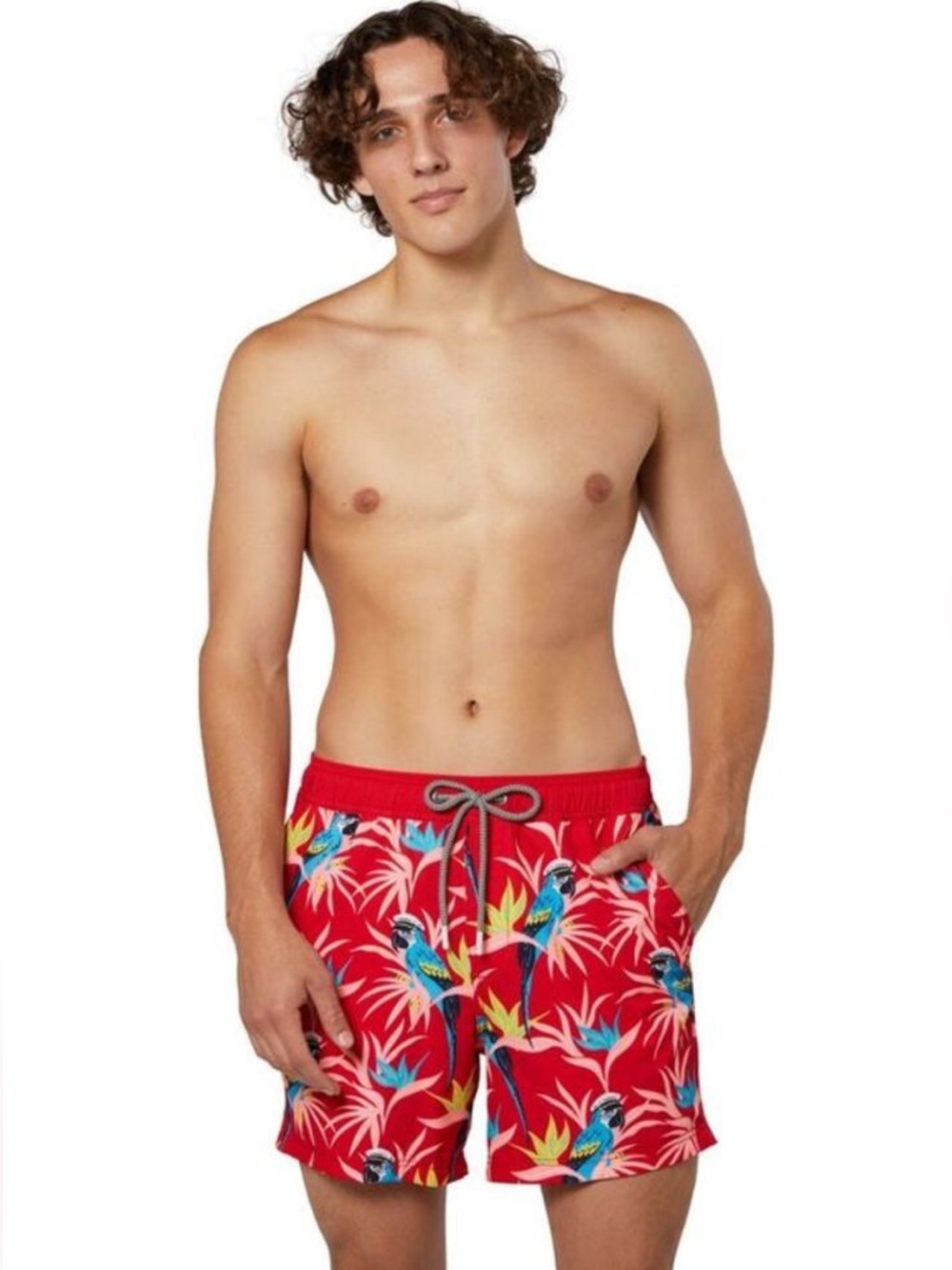 Party Pants Men's Red Tropical Parrot Swim Trunks Medium